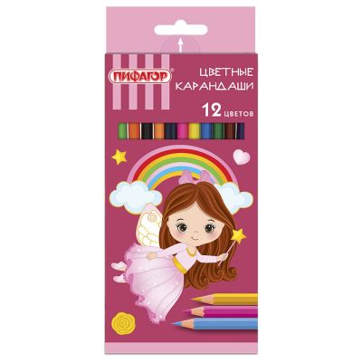 Карандаши цветные ПИФАГОР «ФЕЯ», 12 цветов, шестигранные, 181338