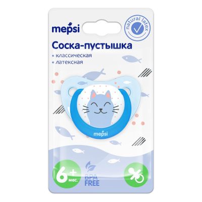 MEPSI Соска-пустышка латексная классическая, 6+ мес., «Котик» (0377)