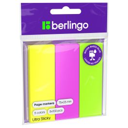 Флажки-закладки Berlingo «Ultra Sticky», 25*75мм, 100л*3 неоновых цвета, европодвес LSz_41001