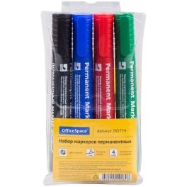 Набор маркеров перманентных OfficeSpace «8004» 04цв., пулевидный, 2мм, чехол с европодвесом 265774 (