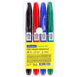 Набор маркеров перманентных OfficeSpace 04цв., пулевидный, 1мм, чехол с европодвесом HL4_69357
