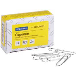 Скрепки 33мм, OfficeSpace, 100шт., оцинкованные, карт. упаковка CZ33_34074
