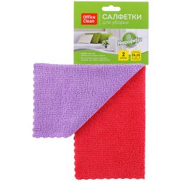 OfficeClean Салфетки для уборки «Универсальные», набор 2шт. (фиолетовая+красная), микрофибра, 25*25с