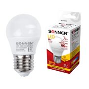 Лампа светодиодная SONNEN, 7 (60) Вт, цоколь E27, шар, теплый белый свет, 30000 ч, LED G45-7W-2700-E
